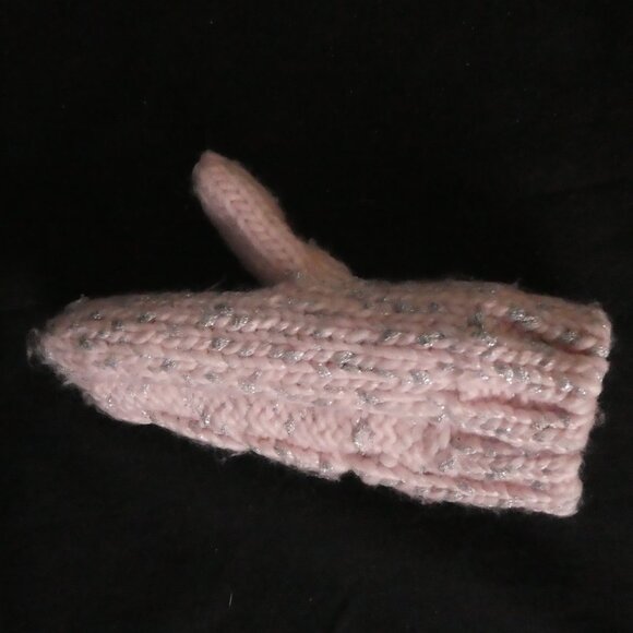 Fleece Lined Pink and Grey Knit Mittens with Shiny Fibers - Picture 3 of 15